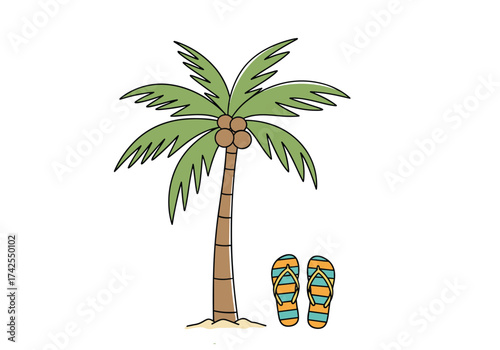 A palm tree with coconuts and flip flops on the sand.