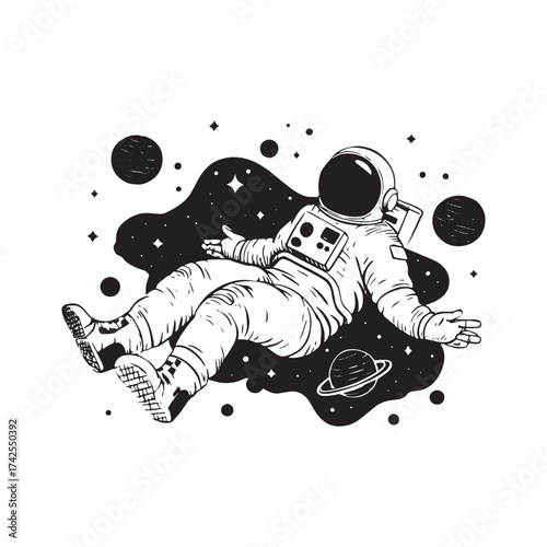 Relaxing astronaut floating in space with planets and stars illustration