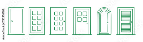 Collection of Diverse Door Designs in Green Outline Style