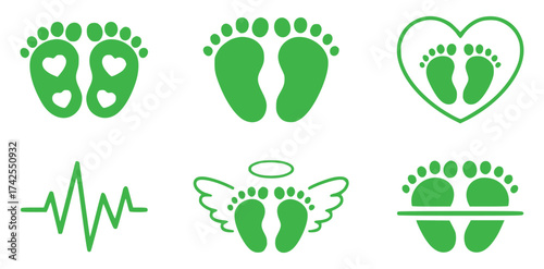 Collection of Green Baby Footprint Icons and Heartbeat Line