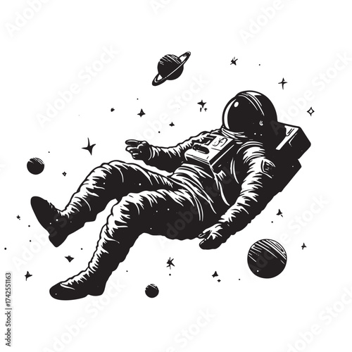 Astronaut Floating in Space Among Planets and Stars Illustration