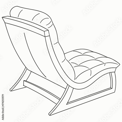 Modern lounge chair line drawing with tufted seat and curved backrest on a white background