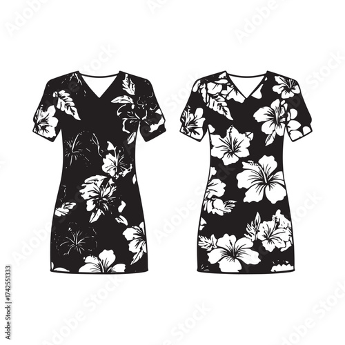Black and white floral print dress apparel design template fashion illustration