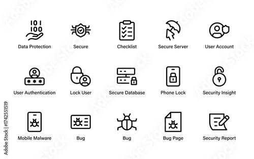 A detailed Cyber Protection Essentials icon set featuring security, authentication, data safety, malware defense, and privacy management symbols for digital projects.