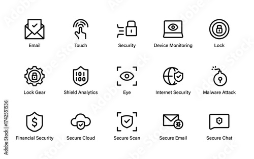 Modern Cybersecurity and Data Protection Icon Set. includes secure chat, cloud safety, malware defense, encryption, analytics, and online privacy symbols.