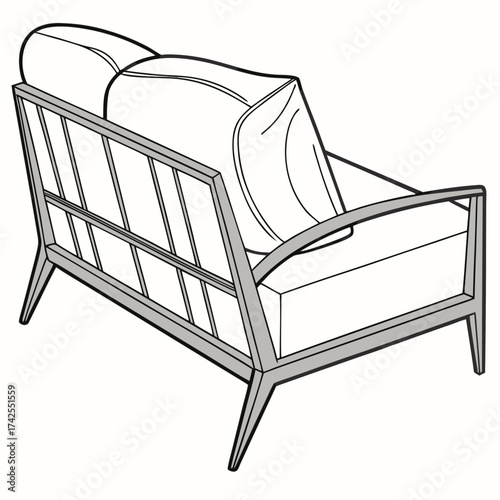 Modern minimalist line art illustration of a comfortable upholstered sofa with a slatted back and angled legs