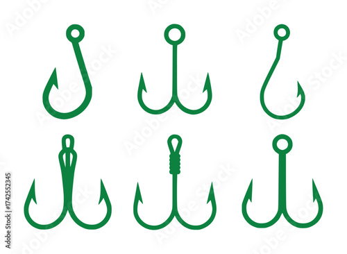 Collection of Six Green Fishing Hooks on White Background