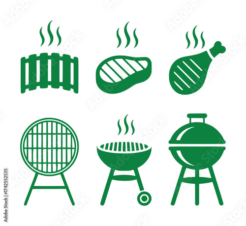 Green Barbecue Icons Grills, Steak, and Chicken Leg