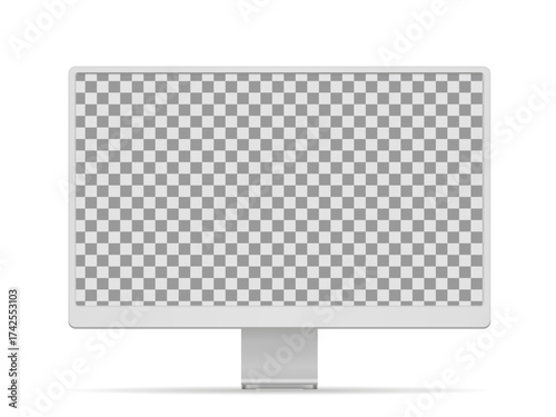 White desktop computer monitor with empty transparent display, device screen mockup, blank screen with shadow on white background