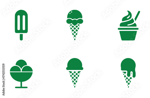 Set of Green Ice Cream Icons on White Background