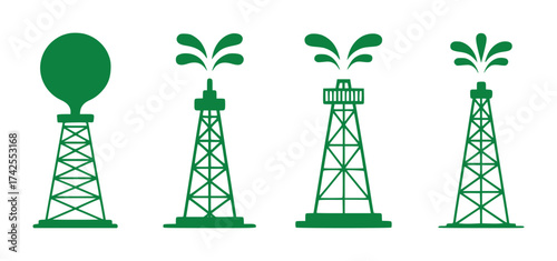 Set of green oil rig icons with different designs and spouting oil