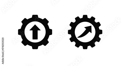 Two black gear icons featuring upward and diagonal arrow symbols