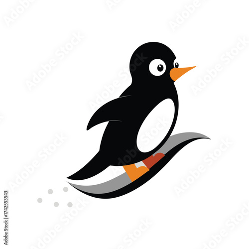 Penguin snowboarding down a slope on white background Keywords: penguin, bird, cartoon, cute