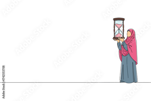 Vector art of continuous line drawing of muslim woman holding hourglass time concept