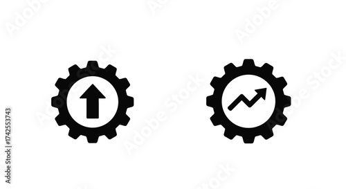 Two black gear icons with upward trending arrows inside isolated design