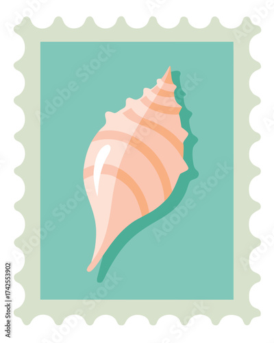 Vector art of a stylized illustration of a pink conch seashell with orange stripes, set against a teal background within a postage stamp border