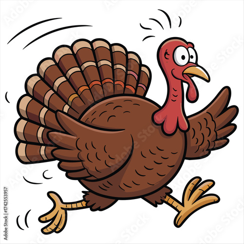 Funny cartoon turkey running fast expressing surprise and excitement for thanksgiving