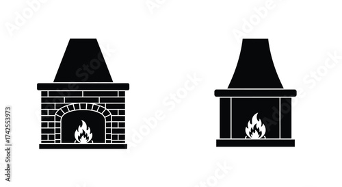 Simple black and white illustration of two brick fireplaces with fires