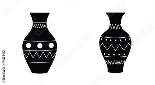 Two decorative black vases with unique patterns simple graphic illustration