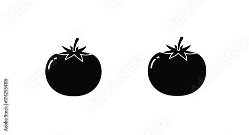 Simple black and white illustration depicting two ripe tomatoes side by side