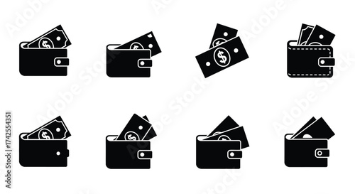 Collection of black wallet icons with money finance and savings themes