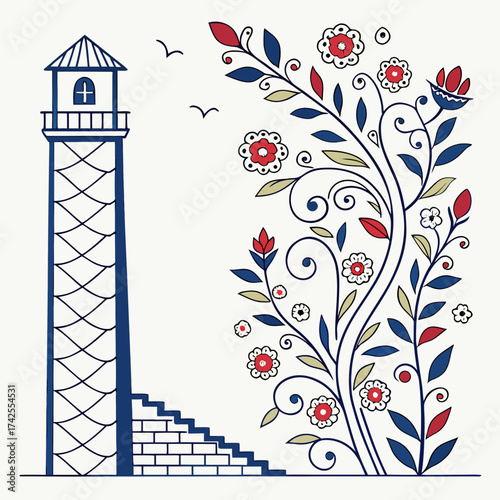 Stylized blue lighthouse with decorative floral elements and birds against a white background