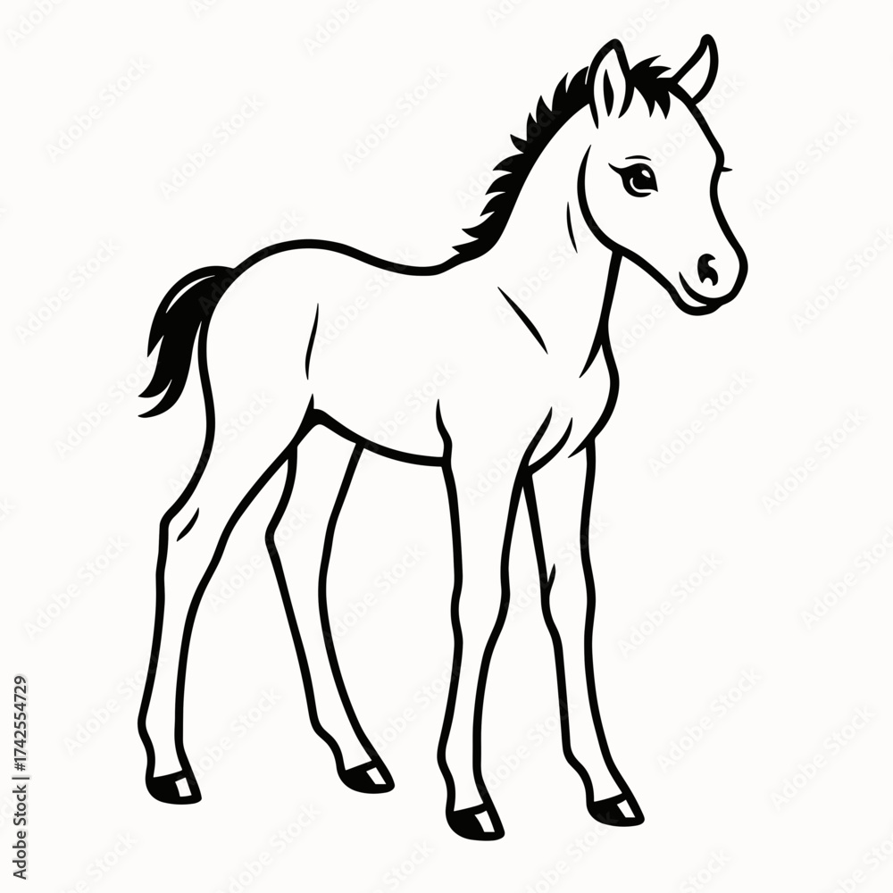 Obraz premium Black and white vector illustration of a foal with clean outline and minimal details for cutting plotter 