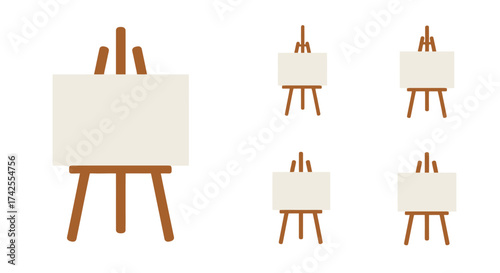 Collection of wooden easels and blank canvases in a flat design