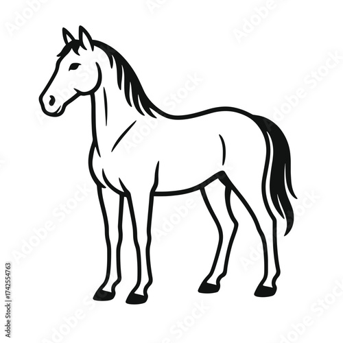 Outline of a horse standing in profile view with flowing mane  