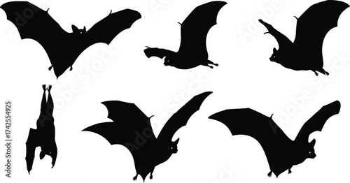 Black bat silhouettes flying and hanging, spooky Halloween decoration, wildlife nocturnal animal illustration