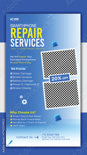 Smartphone repair services flyer template for social media story design