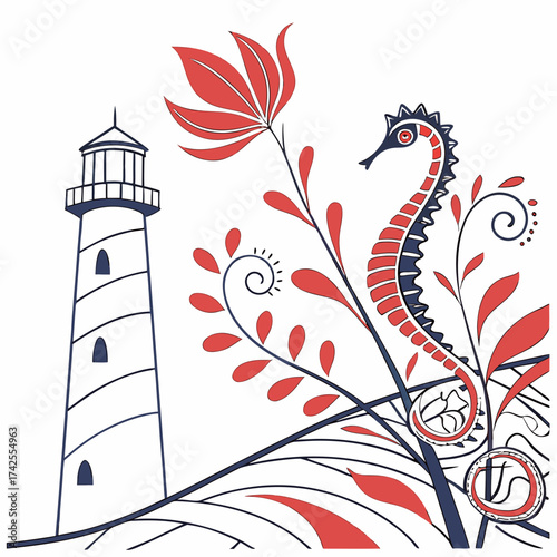 Whimsical lighthouse and seahorse illustration with red and blue floral accents on white background