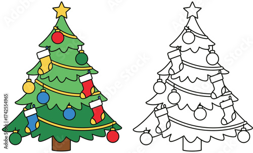 Cute Christmas Tree Cartoon with Colorful Ornaments and Stockings - Festive Holiday Season Vector Illustration for Coloring Book or Design Projects