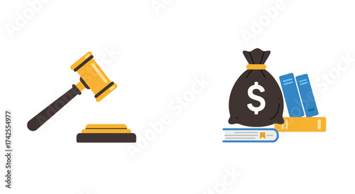 Legal proceedings money and law books representing justice and finance