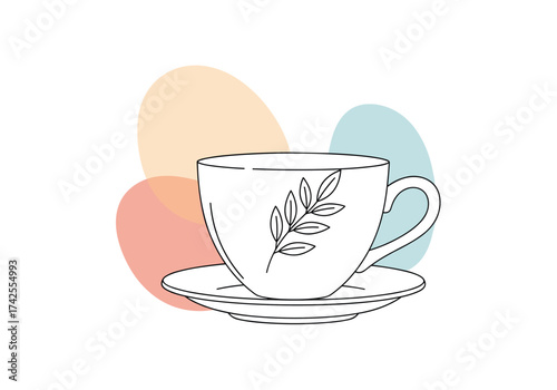 A delicate line art illustration of a teacup with a floral motif and abstract background shapes.