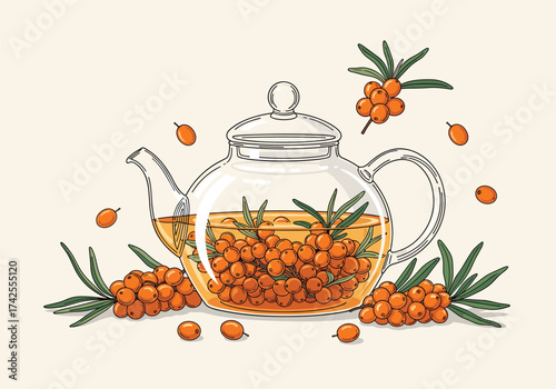 A healthy glass teapot filled with sea buckthorn berries and leaves.