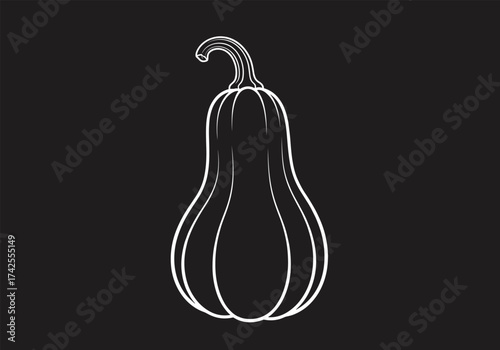 A simple line drawing of a butternut squash on a black background.