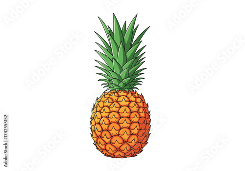 A vibrant ripe pineapple with green spiky leaves stands tall.