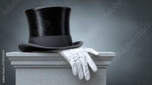 A black top hat and white gloves resting on a pedestal under spotlight, vintage ambiance with soft fog in the background