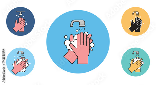Illustrations depicting proper hand washing techniques for hygiene and health