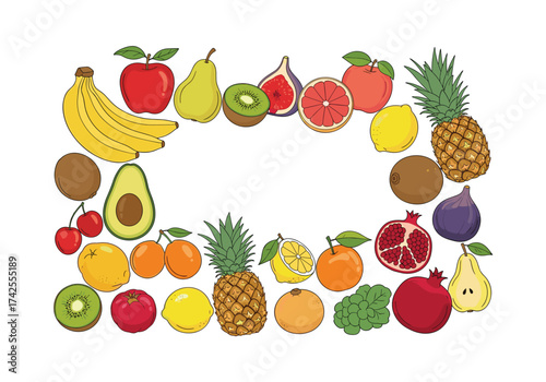 A vibrant assortment of fresh organic fruits arranged in a decorative frame.