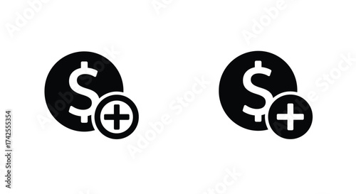 Two black icons displaying a dollar sign with a plus symbol