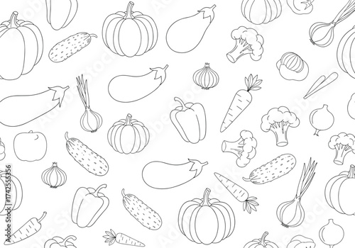 A delightful assortment of fresh garden vegetables in a charming outline pattern.