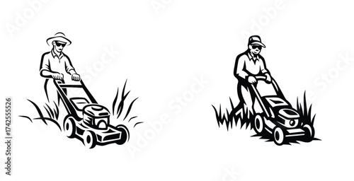 Minimalist line art sketch of a man mowing a lawn black silhouette style vector art design