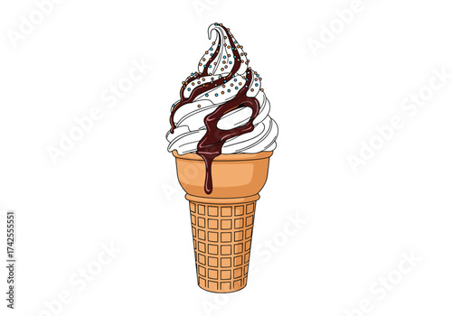 A delicious soft serve ice cream cone drizzled with rich chocolate sauce.