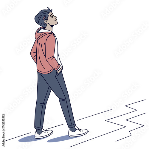 Young man in casual clothes walking forward with hands in pockets looking up thoughtfully
