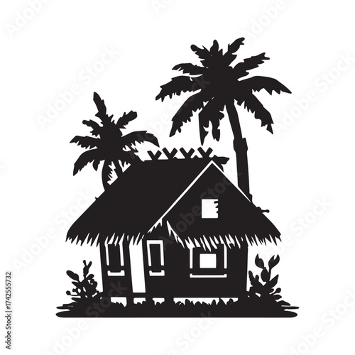 Tropical bungalow silhouette with palm trees isolated on white background