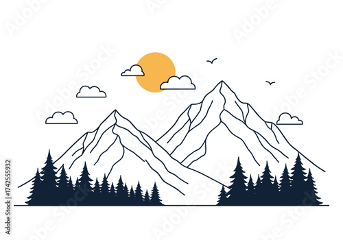 Majestic mountain peaks under a bright sun with scattered clouds and dense pine trees.