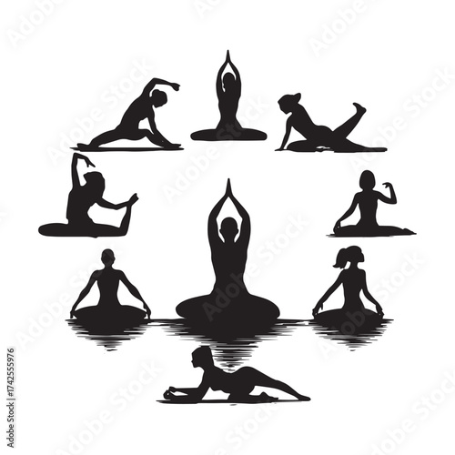 Yoga poses silhouettes collection illustrating mindfulness and healthy lifestyle practices