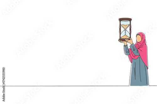 Vector art of muslim woman in hijab holding hourglass vector illustration